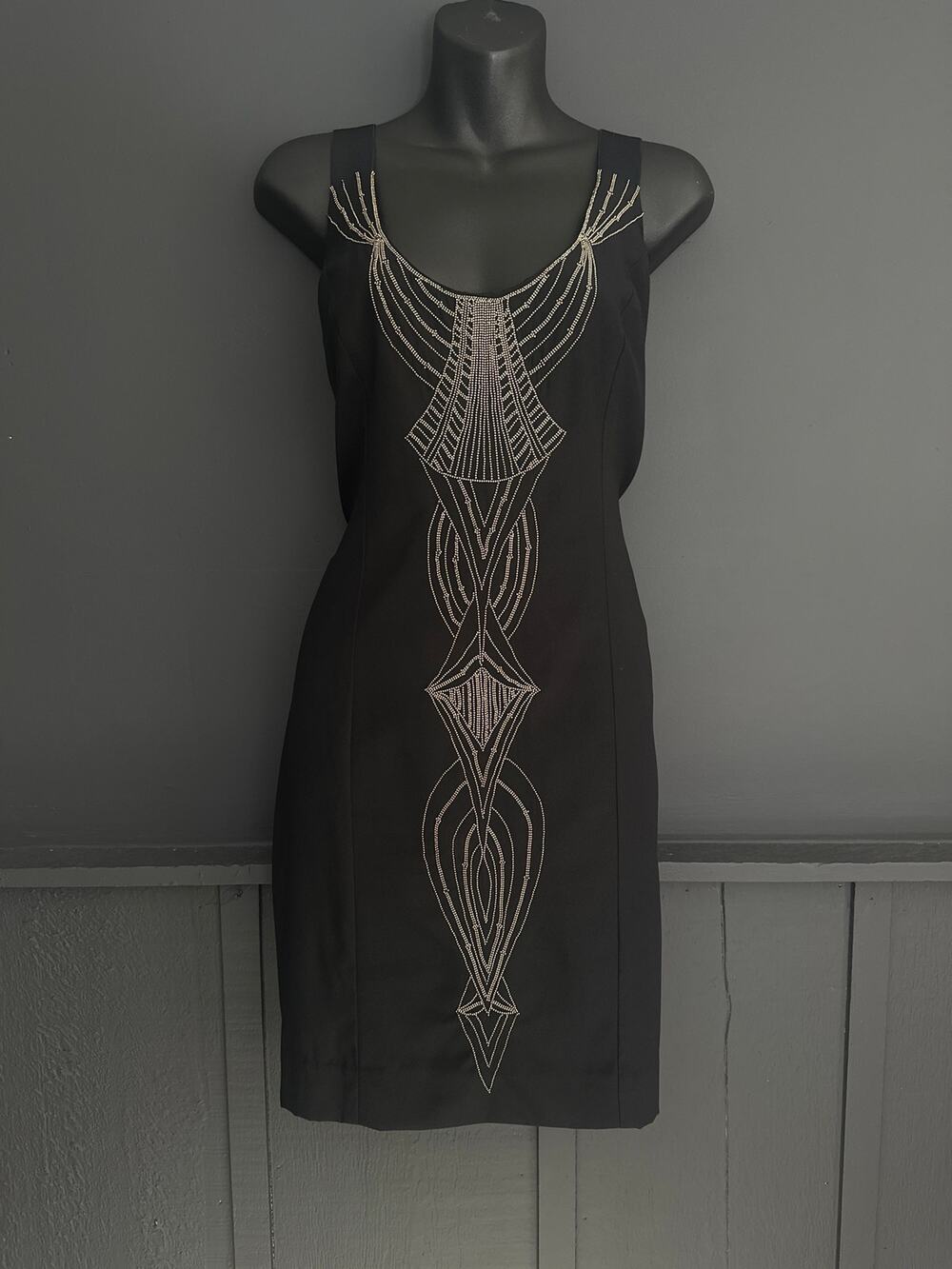 Nicole Miller Black Silk Beaded Strappy Bodycon Mini Dress Size Medium